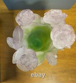 New Daum Crystal Roses Vase Green & Pink Small #03507 Brand Nib French Rare