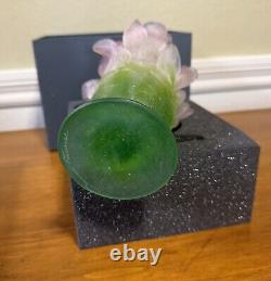 New Daum Crystal Roses Vase Green & Pink Small #03507 Brand Nib French Rare