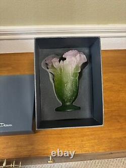 New Daum Crystal Roses Vase Green & Pink Small #03507 Brand Nib French Rare