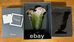 New Daum Crystal Roses Vase Green & Pink Small #03507 Brand Nib French Rare