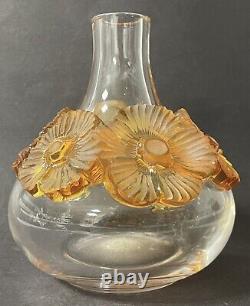 Original French Lalique Atossa Amber Flowers Vase