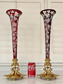 PAIR 19th c. FRENCH DORE BRONZE BOHEMIAN MOUNTED ETCHED GLASS VASES HENRI PICARD