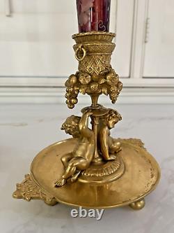 PAIR 19th c. FRENCH DORE BRONZE BOHEMIAN MOUNTED ETCHED GLASS VASES HENRI PICARD