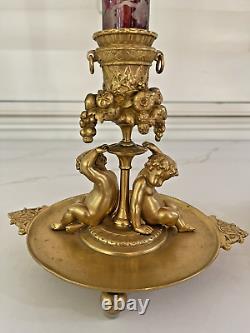 PAIR 19th c. FRENCH DORE BRONZE BOHEMIAN MOUNTED ETCHED GLASS VASES HENRI PICARD