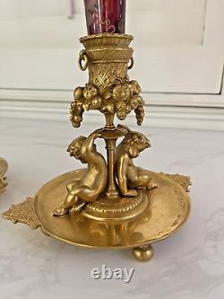 PAIR 19th c. FRENCH DORE BRONZE BOHEMIAN MOUNTED ETCHED GLASS VASES HENRI PICARD