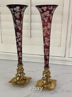 PAIR 19th c. FRENCH DORE BRONZE BOHEMIAN MOUNTED ETCHED GLASS VASES HENRI PICARD