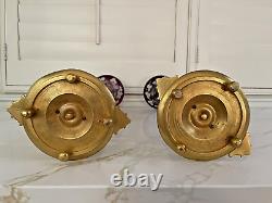 PAIR 19th c. FRENCH DORE BRONZE BOHEMIAN MOUNTED ETCHED GLASS VASES HENRI PICARD
