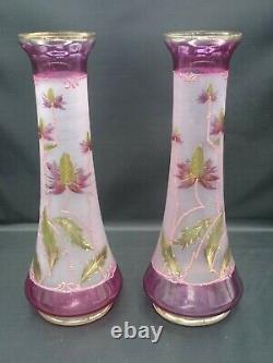 PAIR Dainty FRENCH FLORAL ART GLASS VASES ENAMEL LAVENDAR RIEDEL LEGRAS HARRACH