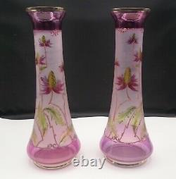 PAIR Dainty FRENCH FLORAL ART GLASS VASES ENAMEL LAVENDAR RIEDEL LEGRAS HARRACH