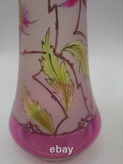 PAIR Dainty FRENCH FLORAL ART GLASS VASES ENAMEL LAVENDAR RIEDEL LEGRAS HARRACH