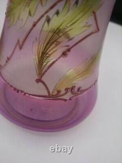 PAIR Dainty FRENCH FLORAL ART GLASS VASES ENAMEL LAVENDAR RIEDEL LEGRAS HARRACH