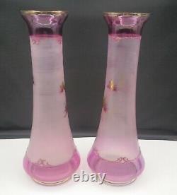 PAIR Dainty FRENCH FLORAL ART GLASS VASES ENAMEL LAVENDAR RIEDEL LEGRAS HARRACH