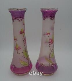 PAIR Dainty FRENCH FLORAL ART GLASS VASES ENAMEL LAVENDAR RIEDEL LEGRAS HARRACH