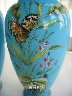 PAIR Handpainted French Blue Opaline Glass Vases BUTTERFLIES Flowers 8 1/2