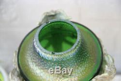 PAIR antique French Vases urns LOETZ green opalescent glass ram heads