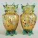 PAIR of 12 Harrach/French VASES panel optic footed enamel/gilt w turquoise trim