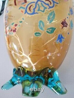 PAIR of 12 Harrach/French VASES panel optic footed enamel/gilt w turquoise trim