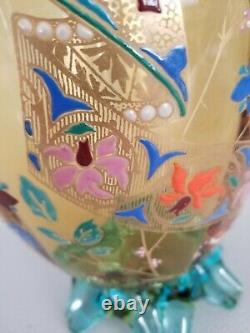 PAIR of 12 Harrach/French VASES panel optic footed enamel/gilt w turquoise trim