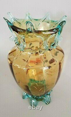 PAIR of 12 Harrach/French VASES panel optic footed enamel/gilt w turquoise trim