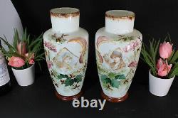 PAIR opaline glass french Portrait girl enamel decoration Vases