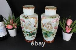 PAIR opaline glass french Portrait girl enamel decoration Vases