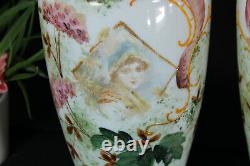 PAIR opaline glass french Portrait girl enamel decoration Vases