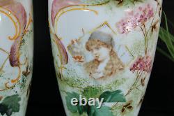 PAIR opaline glass french Portrait girl enamel decoration Vases