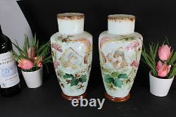 PAIR opaline glass french Portrait girl enamel decoration Vases