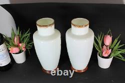 PAIR opaline glass french Portrait girl enamel decoration Vases