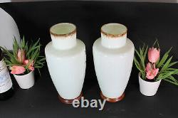 PAIR opaline glass french Portrait girl enamel decoration Vases