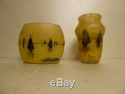 Pair Antique Cabinet Vases By Daum Nancy France Sailboats Landscape Glasspaste