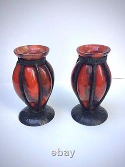 Pair Antique French Art Deco Art Glass Blown Vase Wrought Iron Frame Schneider