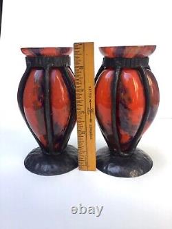 Pair Antique French Art Deco Art Glass Blown Vase Wrought Iron Frame Schneider