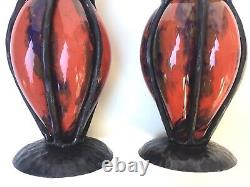 Pair Antique French Art Deco Art Glass Blown Vase Wrought Iron Frame Schneider