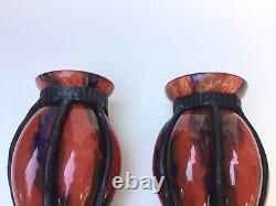 Pair Antique French Art Deco Art Glass Blown Vase Wrought Iron Frame Schneider