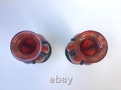 Pair Antique French Art Deco Art Glass Blown Vase Wrought Iron Frame Schneider