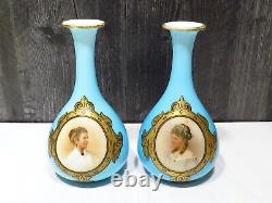 Pair Antique French Blue Overlay Opaline Portrait Vases Glass Teardrop Women