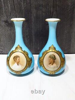 Pair Antique French Blue Overlay Opaline Portrait Vases Glass Teardrop Women