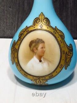 Pair Antique French Blue Overlay Opaline Portrait Vases Glass Teardrop Women