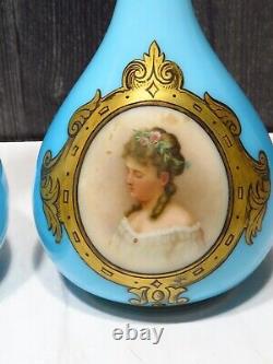 Pair Antique French Blue Overlay Opaline Portrait Vases Glass Teardrop Women