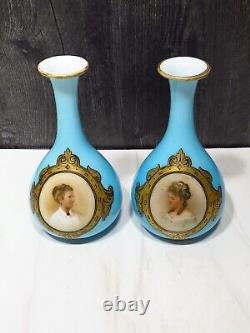 Pair Antique French Blue Overlay Opaline Portrait Vases Glass Teardrop Women