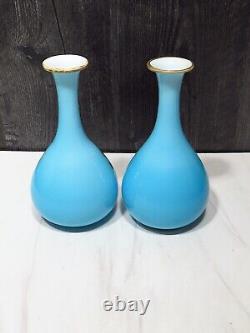 Pair Antique French Blue Overlay Opaline Portrait Vases Glass Teardrop Women