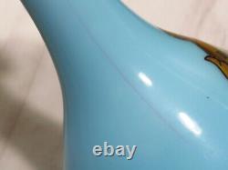 Pair Antique French Blue Overlay Opaline Portrait Vases Glass Teardrop Women
