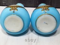 Pair Antique French Blue Overlay Opaline Portrait Vases Glass Teardrop Women