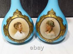 Pair Antique French Blue Overlay Opaline Portrait Vases Glass Teardrop Women