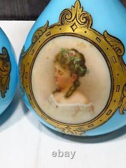 Pair Antique French Blue Overlay Opaline Portrait Vases Glass Teardrop Women