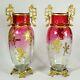 Pair Antique French Gilt Bronze Cranberry Rubina Glass Vases Raised Gold Enamel