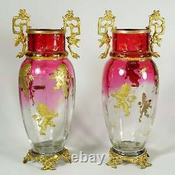 Pair Antique French Gilt Bronze Cranberry Rubina Glass Vases Raised Gold Enamel