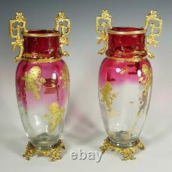 Pair Antique French Gilt Bronze Cranberry Rubina Glass Vases Raised Gold Enamel