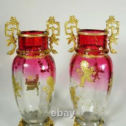 Pair Antique French Gilt Bronze Cranberry Rubina Glass Vases Raised Gold Enamel